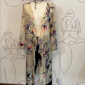 Floral Print Sheer Kimono With Roll tab Sleeves size M